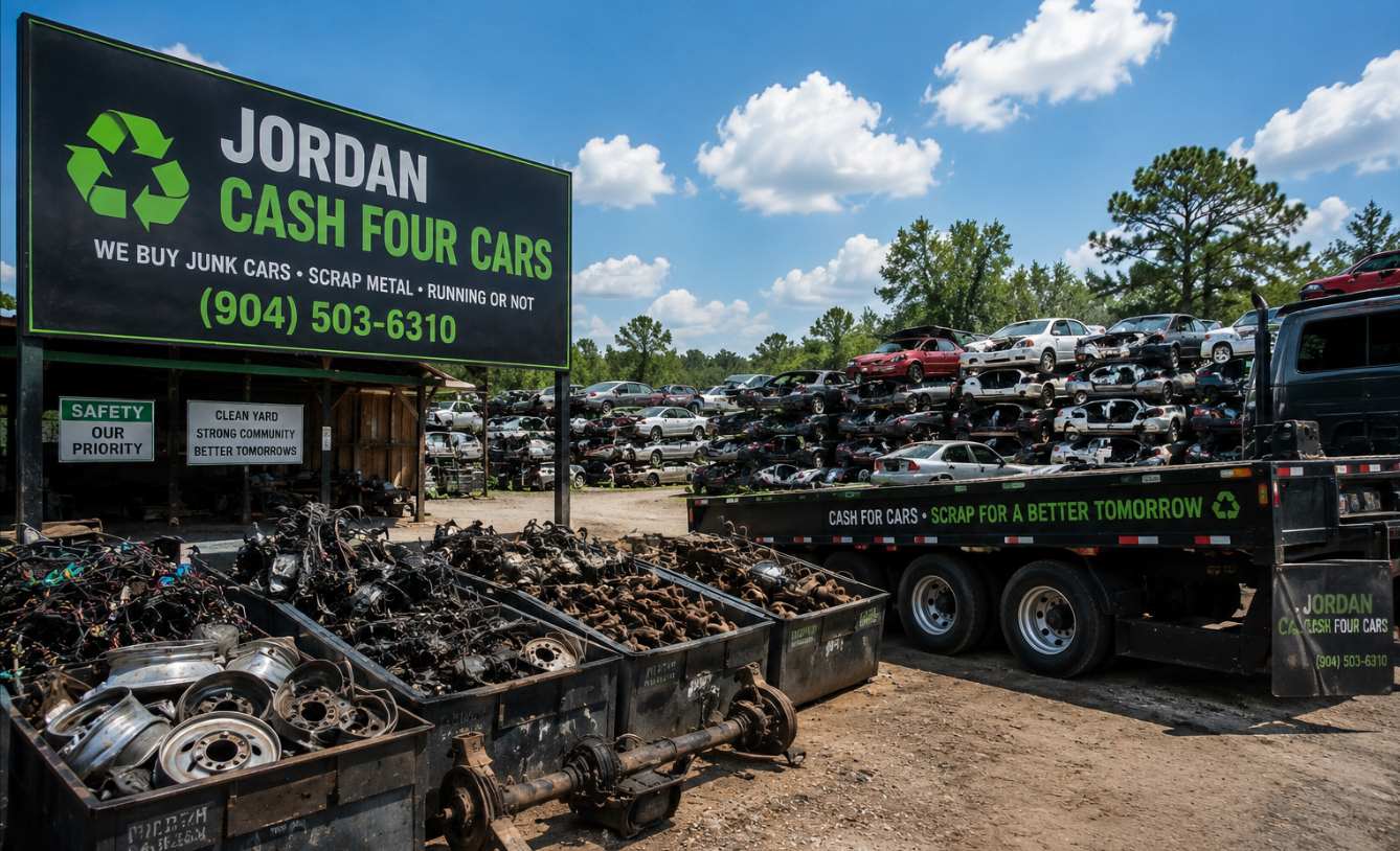 local auto salvage yard showing sorted metal components, highlighting the concept of scrap metal weight and automotive recycling